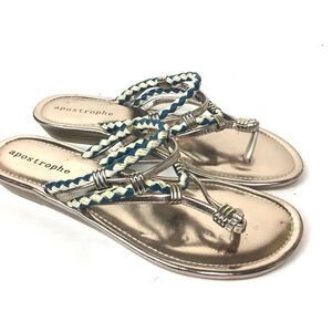 Apostrophe MADDIE Metallic Silver & Teal Braided Flip Flop Sandal Women Size 8